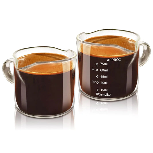 MIWOGA 2 PACK Espresso Glass Measuring Cup with Handle 75ML Espresso Shot Glass Cup with Dual Scale Espresso Shot Cup with V-Shaped Mouth Clear Glass Milk Frothing Pitcher Espresso Accessories